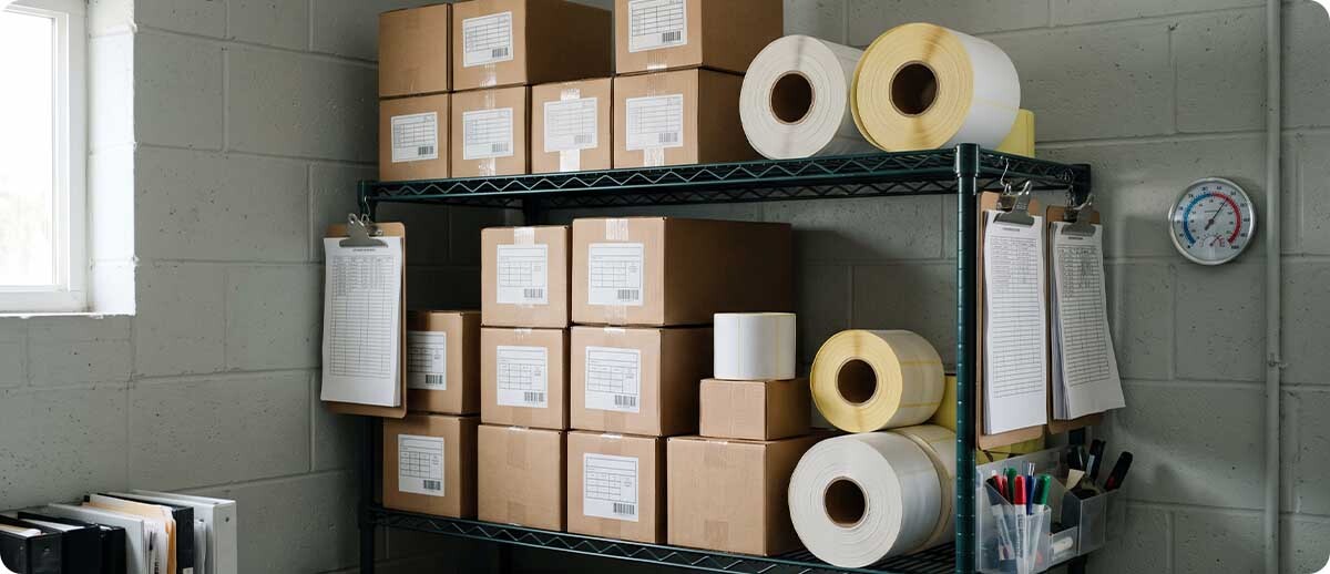 dissolvable labels Label rolls stored on a dry shelf away from the dish area