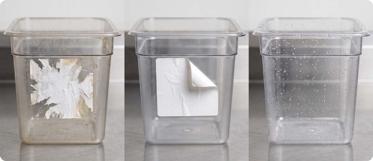 dissolvable labels Three food containers showing standard, removable, and dissolvable label results